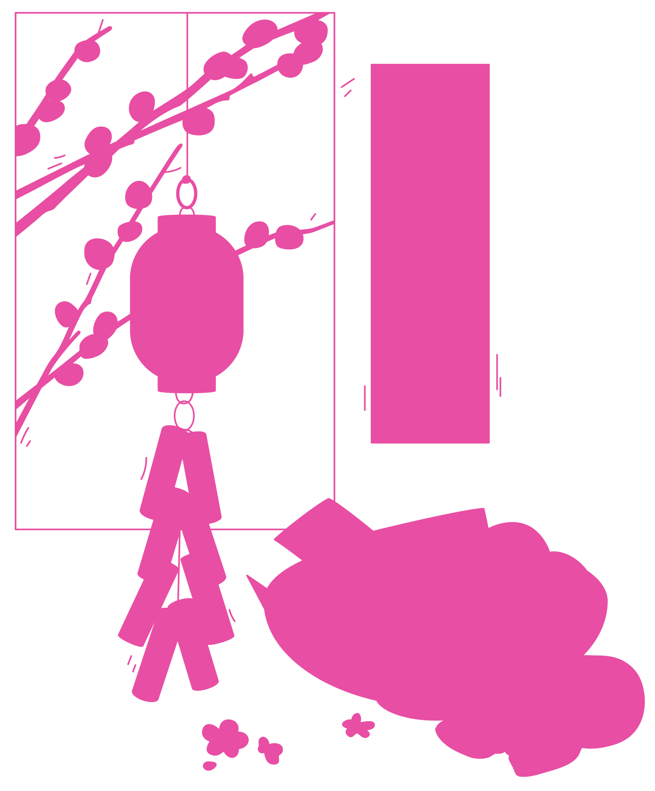 Ilustración rosa de una linterna china colgada junto a ramas decorativas y símbolos tradicionales, perfecta para acompañar contenidos de traducción del chino al español e inglés.