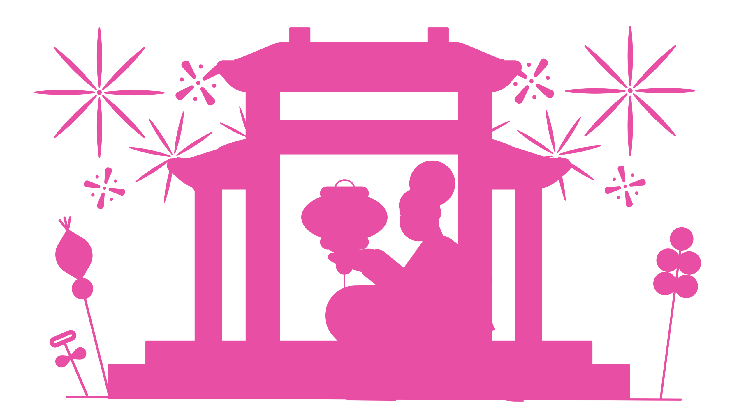 Ilustración rosa de una mujer sosteniendo un farol chino bajo una estructura tradicional, rodeada de fuegos artificiales, representando elementos culturales ideales para contenidos de traducción del chino al español e inglés.