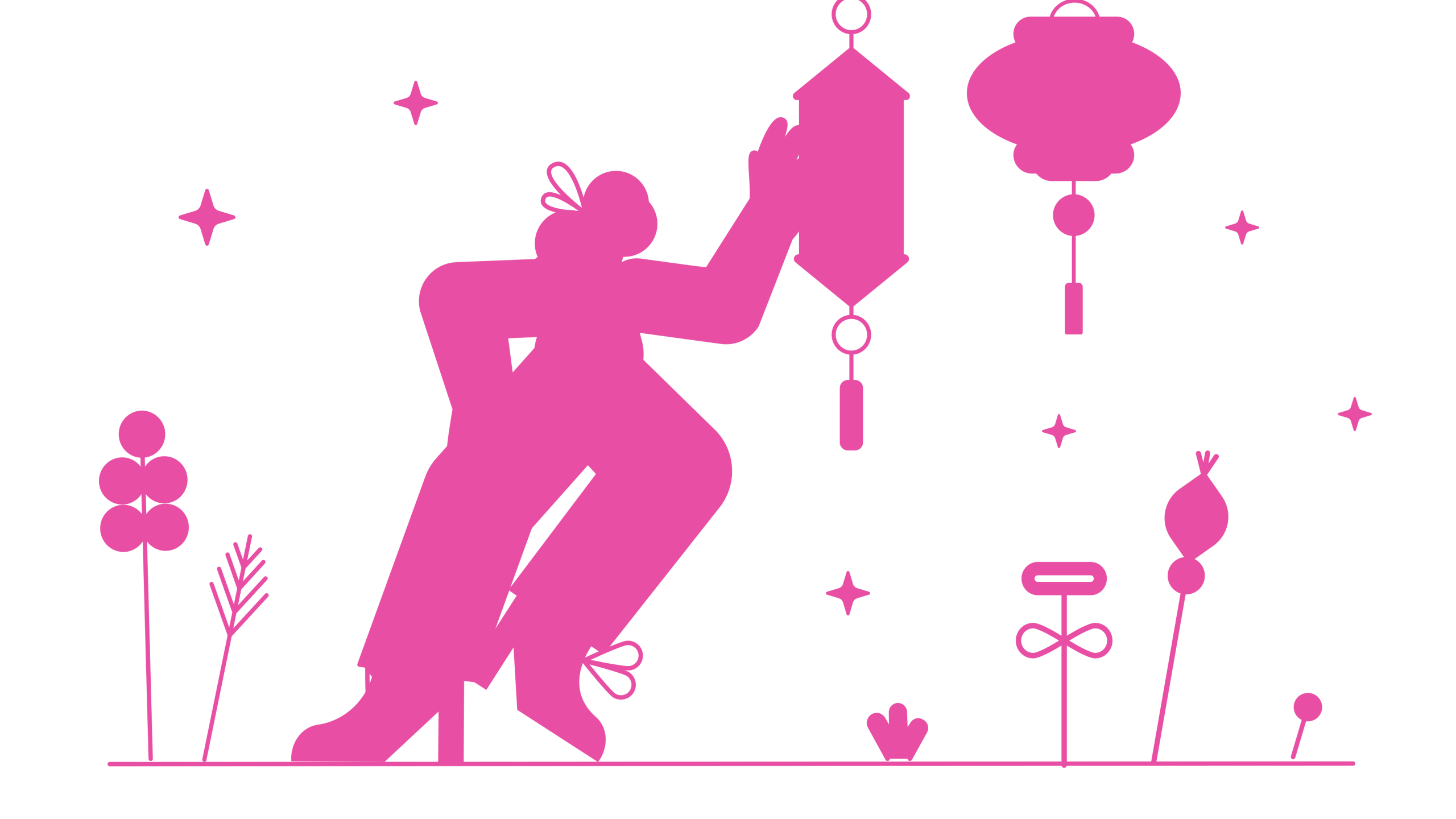 Ilustración en rosa de una persona sosteniendo un farol chino, rodeada de estrellas y elementos decorativos, evocando la cultura china y su conexión con la traducción del chino al español e inglés.